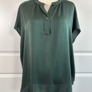 QUINCE Forest Green Blouse Top Womens Size XL Short Sleeve Washable Silk Casual